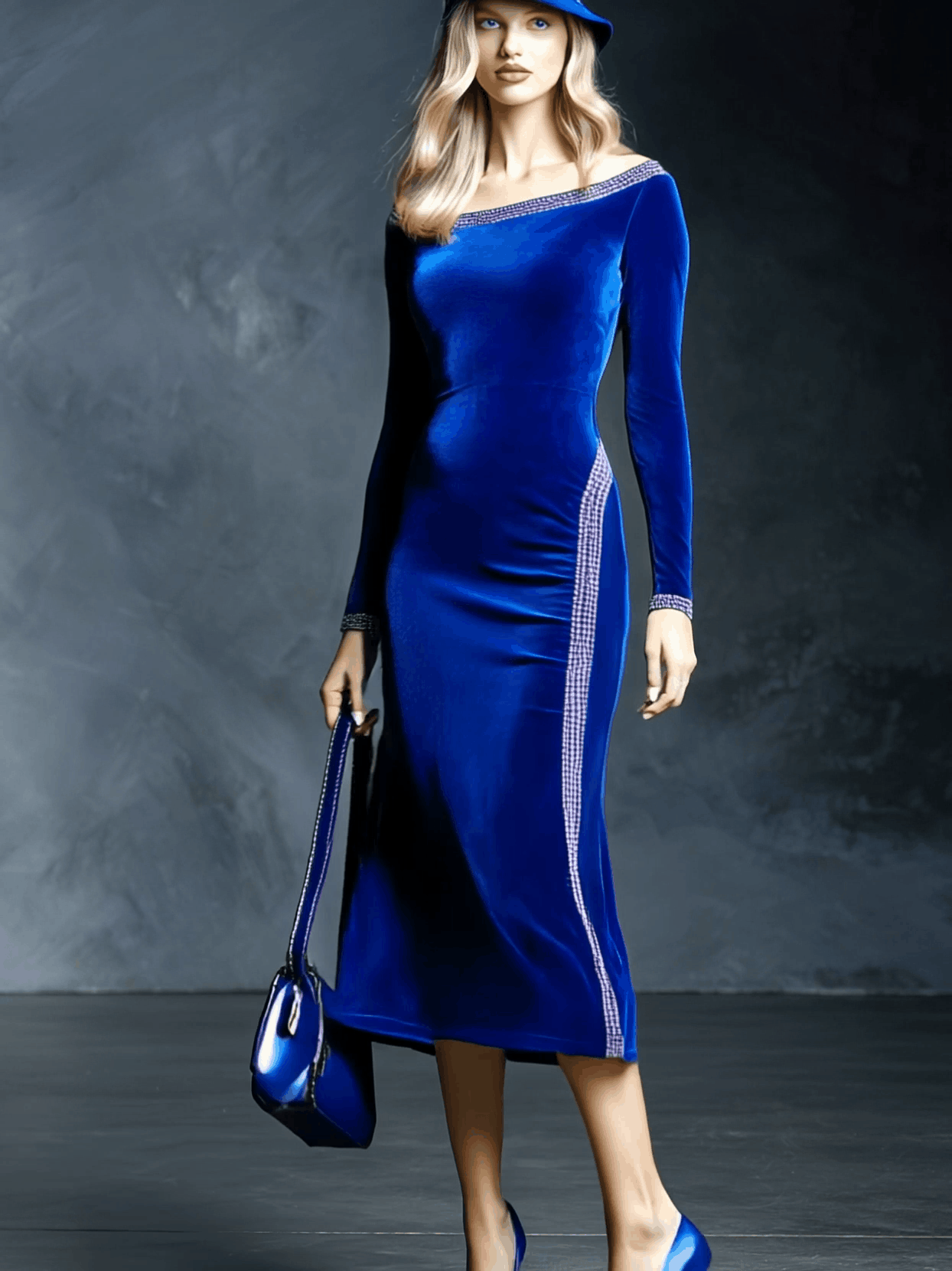 Elegant And Fashionable Boat Neck Rhinestone Trim Royal Blue Velvet Midi Dress