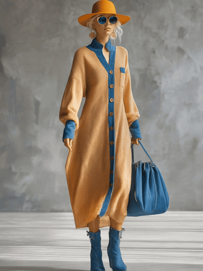 Fashionable Loose Denim Trim Ginger Cardigan-style Knitted Maxi Dress