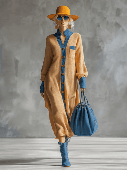 Fashionable Loose Denim Trim Ginger Cardigan-style Knitted Maxi Dress