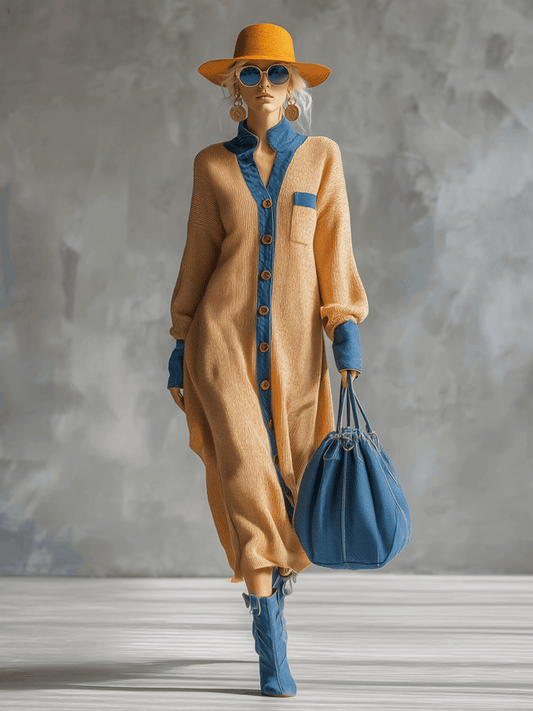 Fashionable Loose Denim Trim Ginger Cardigan-style Knitted Maxi Dress