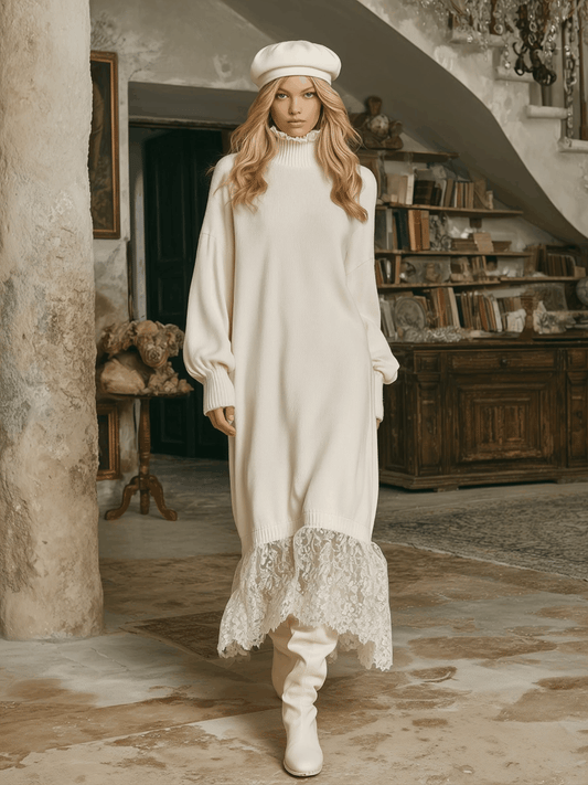 Elegant And Romantic Lotus Leaf Collar Lace Stitching White Knitted Maxi Dress
