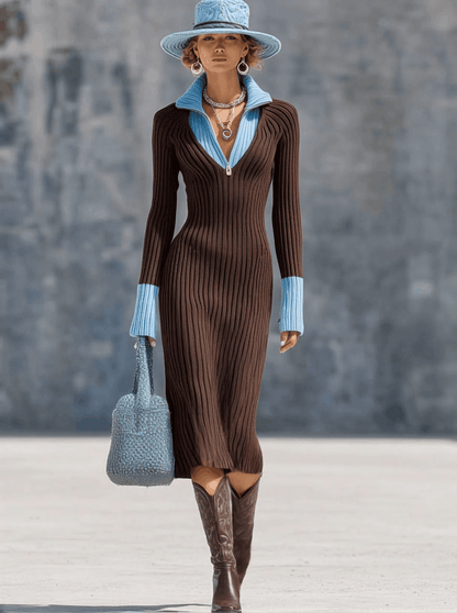 Fashion Retro Fake Two-Piece Blue Lapel Cocoa Brown Knitted Midi Dress