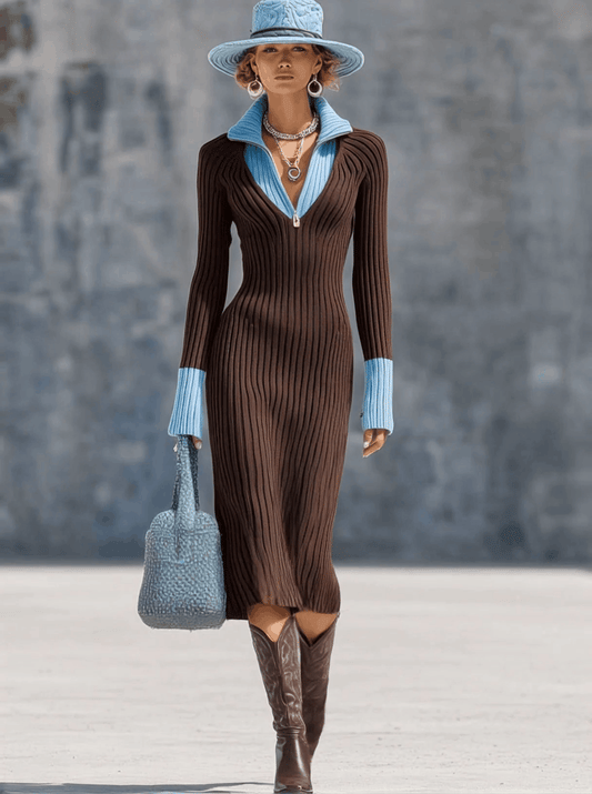 Fashion Retro Fake Two-Piece Blue Lapel Cocoa Brown Knitted Midi Dress