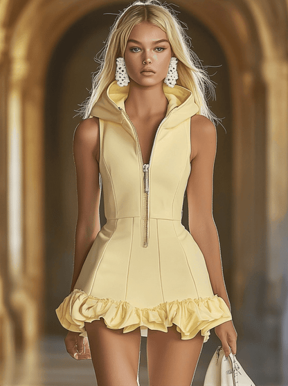 Fashion Slim Fit Goose Yellow Front Zip Hooded Ruffle Sleeveless Mini Dress