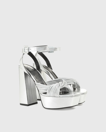 Olga Woven Leather Platform Sandals In Silver