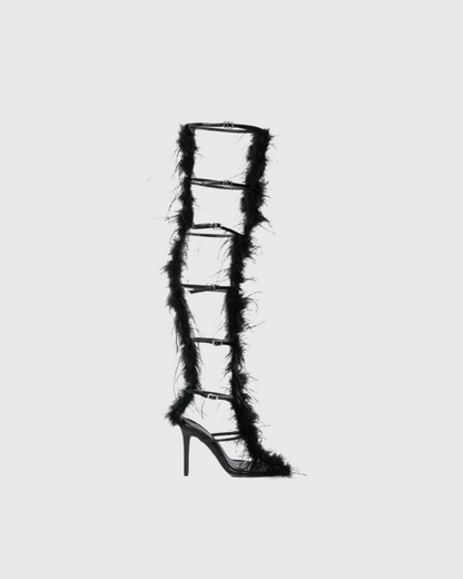 Oliva Feather Strappy Heels In Black