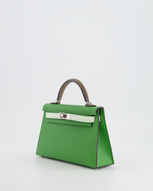 *RARE* Hermès Mini Kelly II Tricolour 20cm Bag In Vert Yucca, Vert Fizz and Etoupe Epsom Leather with Palladium Hardware