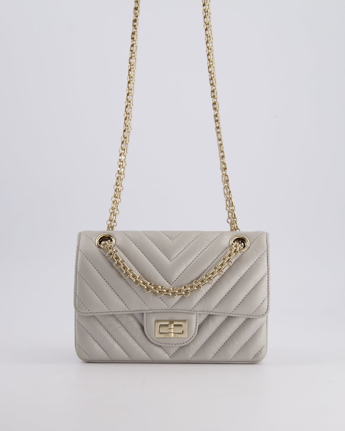 *FIRE PRICE* Chanel Light Grey Mini Reissue Bag in Aged Calfskin Leather and Champagne Gold Hardware