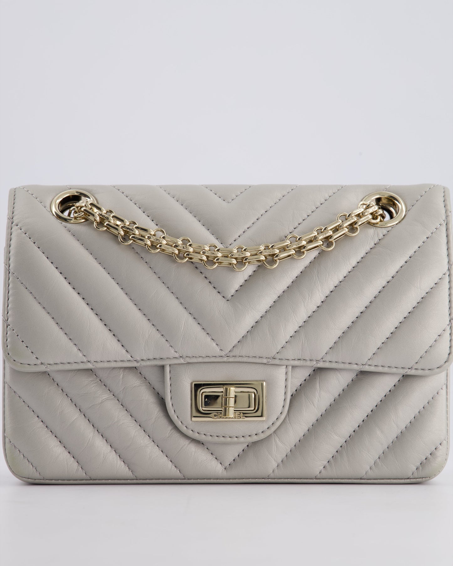 *FIRE PRICE* Chanel Light Grey Mini Reissue Bag in Aged Calfskin Leather and Champagne Gold Hardware