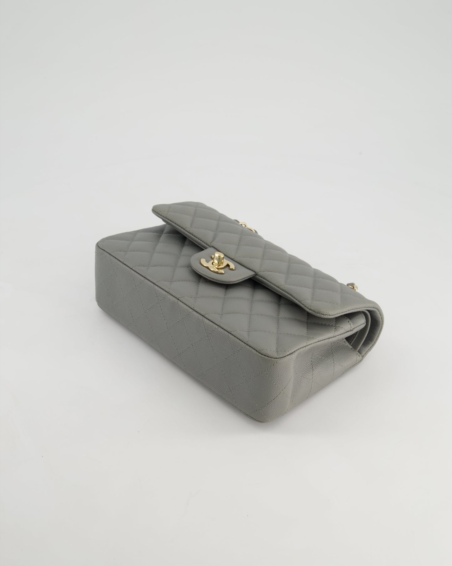 *HOT & RARE* Chanel Stone Grey Small Classic Double Flap Bag in Caviar Leather with Champagne Gold Hardware