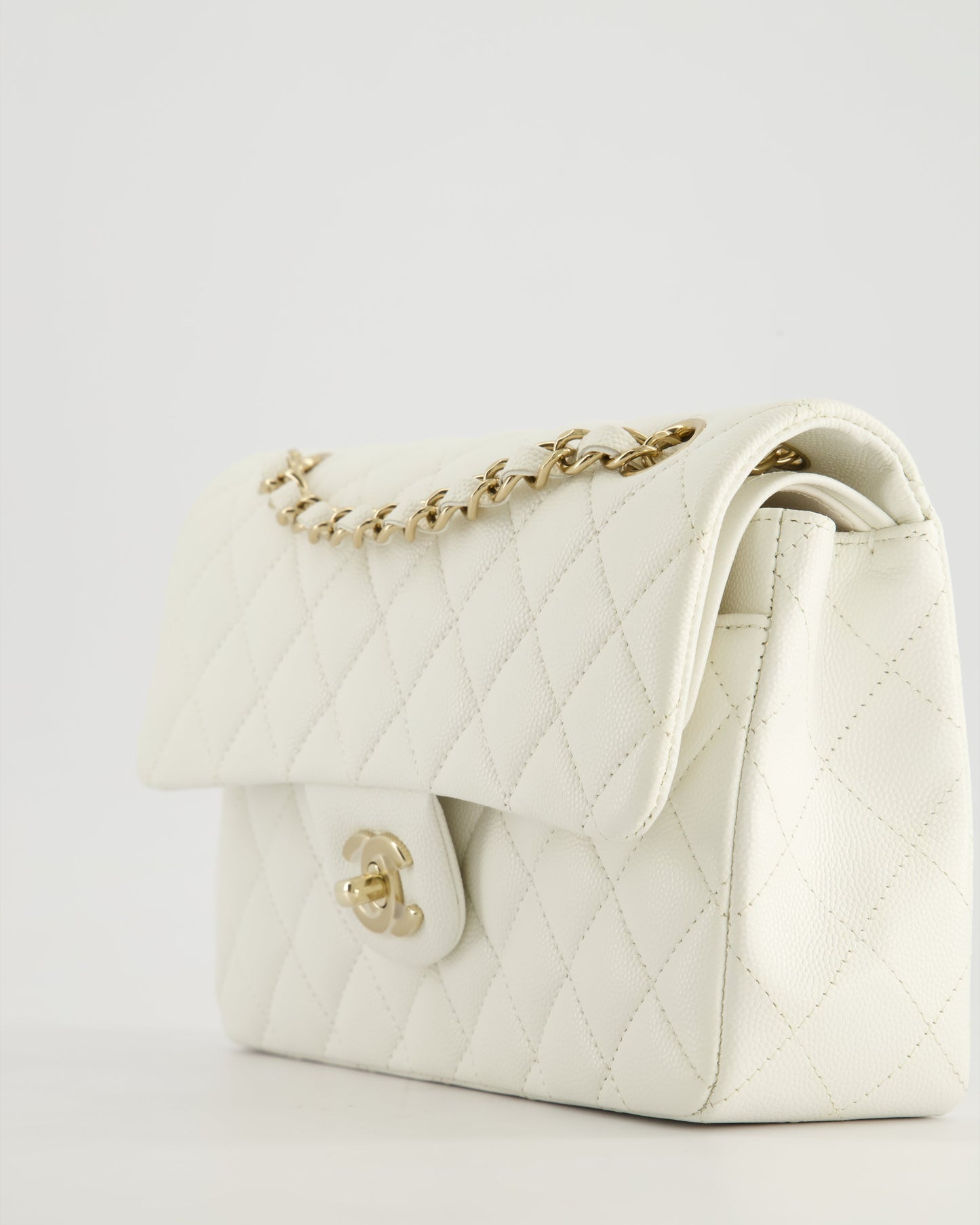 *HOT & RARE* Chanel White Small Classic Double Flap Bag in Caviar Leather with Champagne Gold Hardware