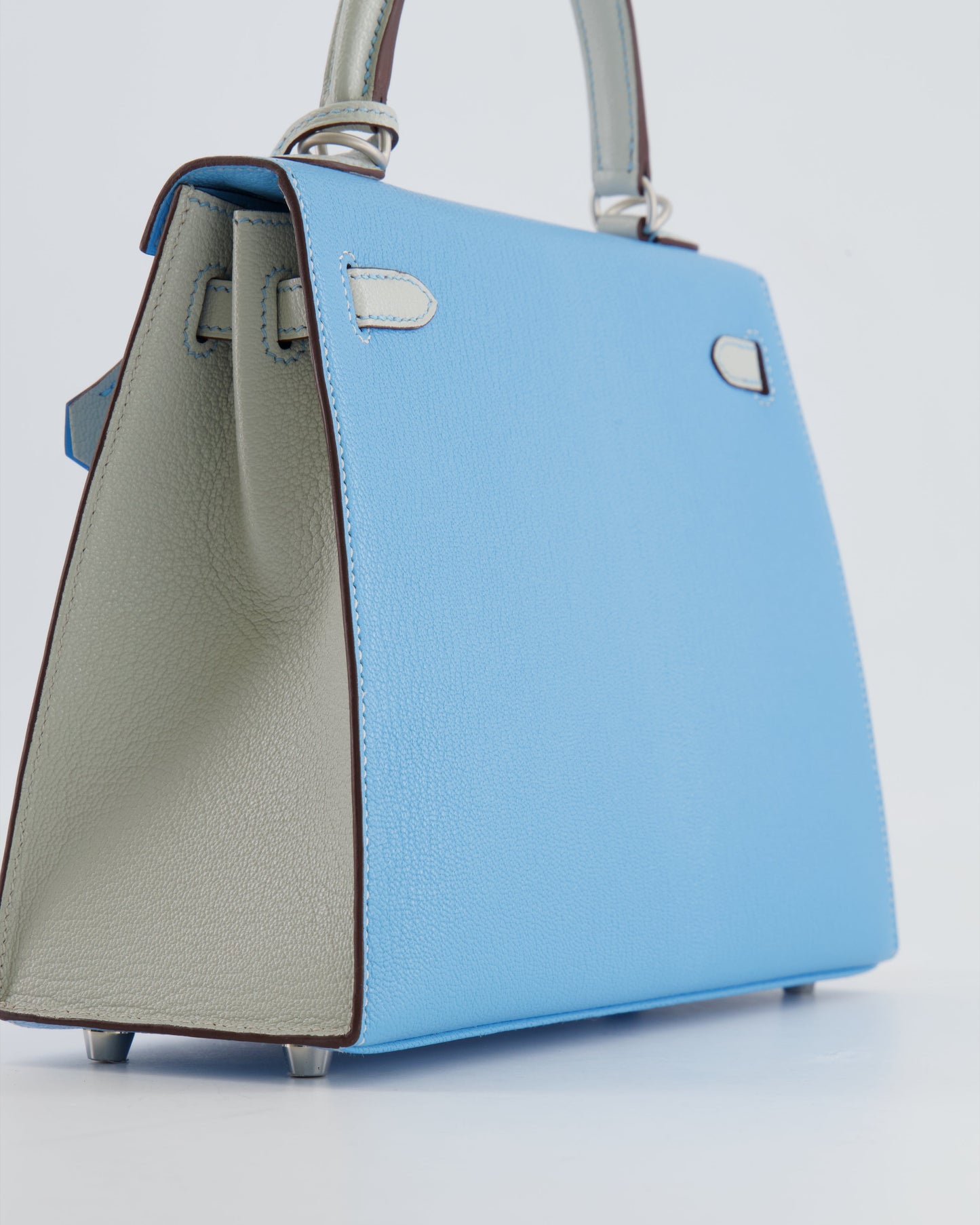 *VERY RARE* Hermès Kelly Sellier HSS 25cm Bag in Bleu Celeste and Gris Perle Chèvre Leather with Contrast Stitching and Brushed Palladium Hardware