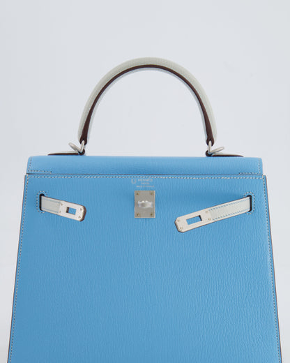 *VERY RARE* Hermès Kelly Sellier HSS 25cm Bag in Bleu Celeste and Gris Perle Chèvre Leather with Contrast Stitching and Brushed Palladium Hardware