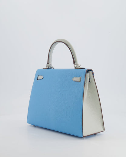 *VERY RARE* Hermès Kelly Sellier HSS 25cm Bag in Bleu Celeste and Gris Perle Chèvre Leather with Contrast Stitching and Brushed Palladium Hardware