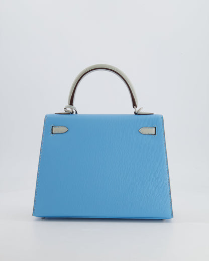 *VERY RARE* Hermès Kelly Sellier HSS 25cm Bag in Bleu Celeste and Gris Perle Chèvre Leather with Contrast Stitching and Brushed Palladium Hardware