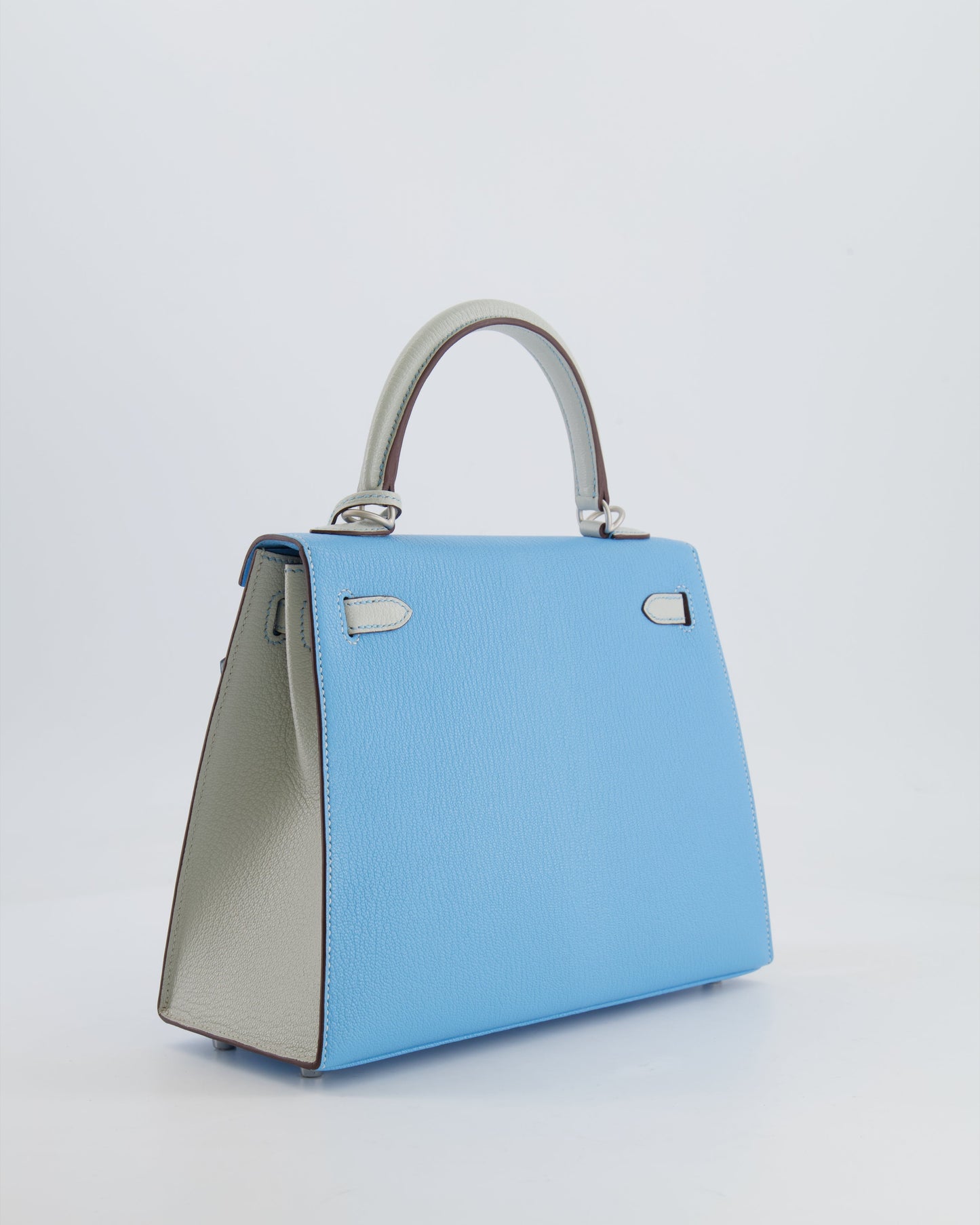 *VERY RARE* Hermès Kelly Sellier HSS 25cm Bag in Bleu Celeste and Gris Perle Chèvre Leather with Contrast Stitching and Brushed Palladium Hardware