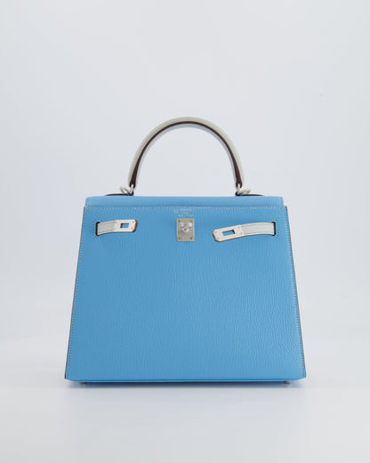 *VERY RARE* Hermès Kelly Sellier HSS 25cm Bag in Bleu Celeste and Gris Perle Chèvre Leather with Contrast Stitching and Brushed Palladium Hardware