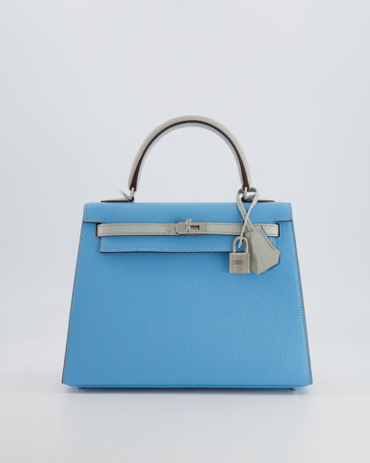 *VERY RARE* Hermès Kelly Sellier HSS 25cm Bag in Bleu Celeste and Gris Perle Chèvre Leather with Contrast Stitching and Brushed Palladium Hardware