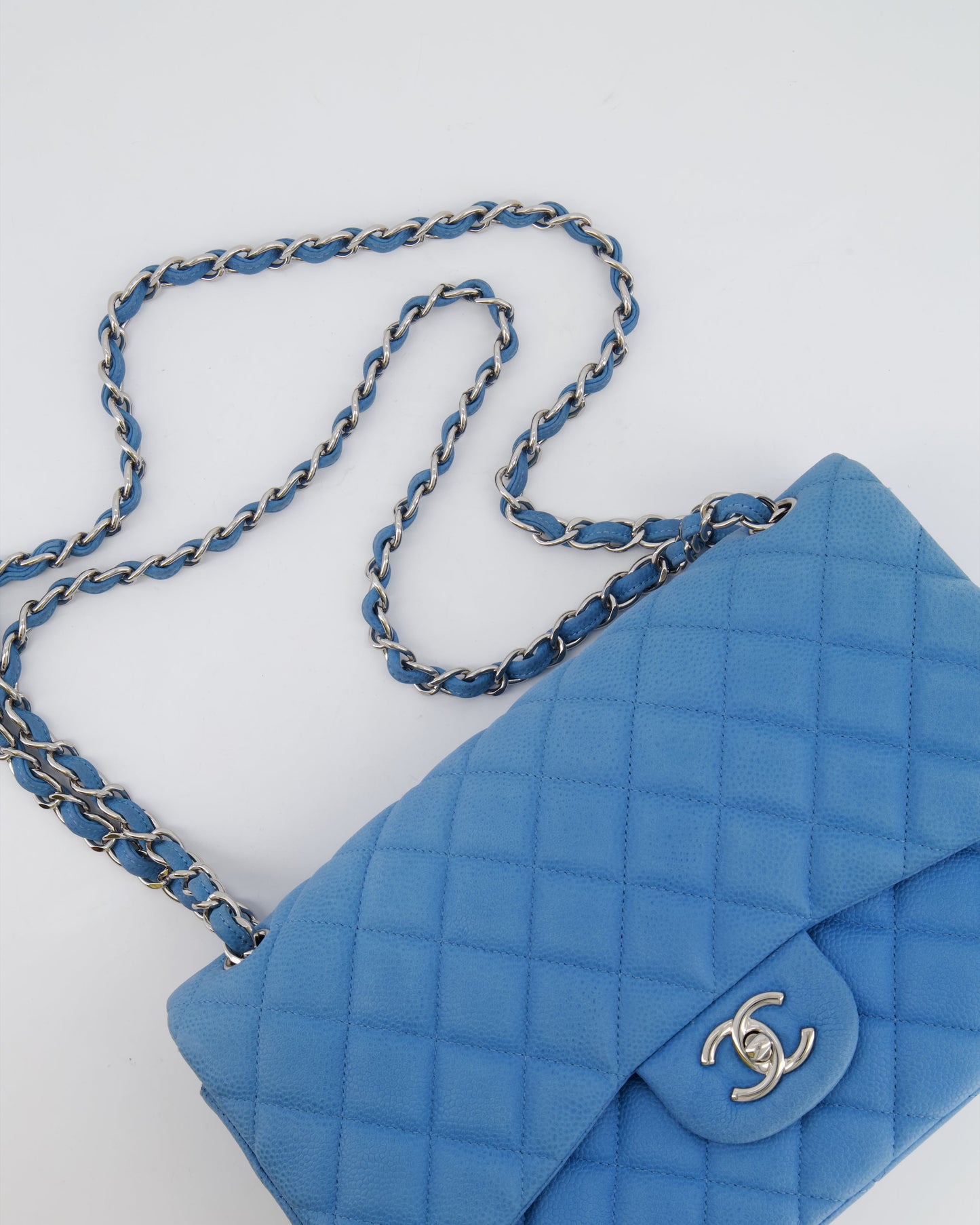*FIRE PRICE* Chanel Blue Jumbo Classic Double Flap Bag in Caviar Nubuck Leather with Silver Hardware&nbsp;