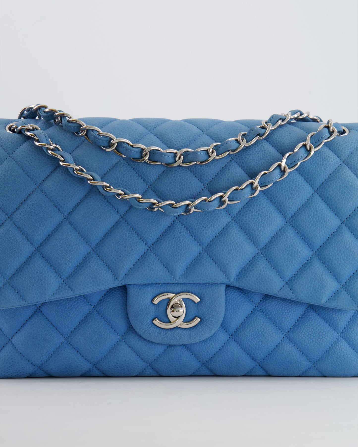 *FIRE PRICE* Chanel Blue Jumbo Classic Double Flap Bag in Caviar Nubuck Leather with Silver Hardware&nbsp;