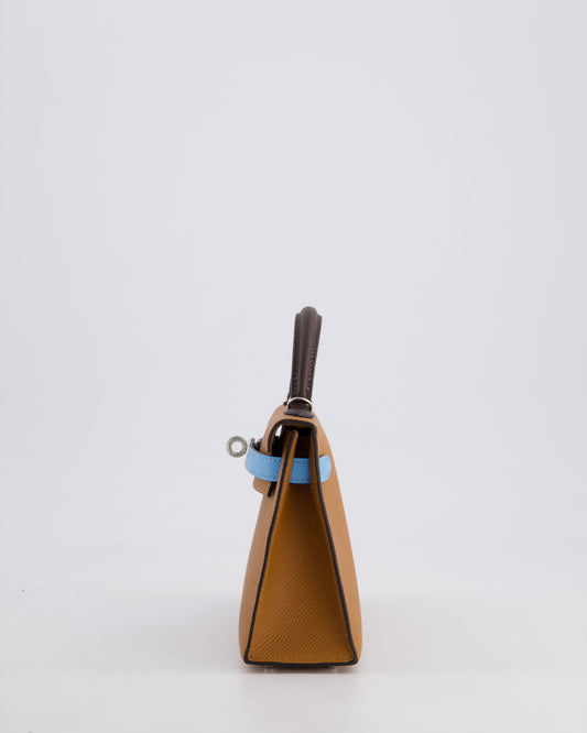 *RARE* Hermès Mini Kelly II Tricolour 20cm Bag In Gold, Ebene and Bleu Celeste Epsom Leather with Palladium Hardware