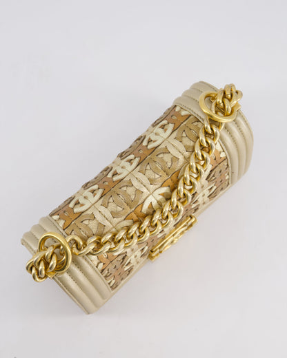 *LIMITED EDITION* Chanel Gold Metallic Small Boy Bag In Calfskin Leather with Antique Gold Hardware & CC Details