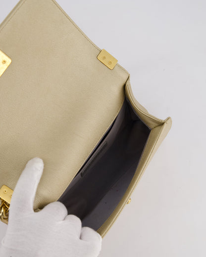 *LIMITED EDITION* Chanel Gold Metallic Small Boy Bag In Calfskin Leather with Antique Gold Hardware & CC Details