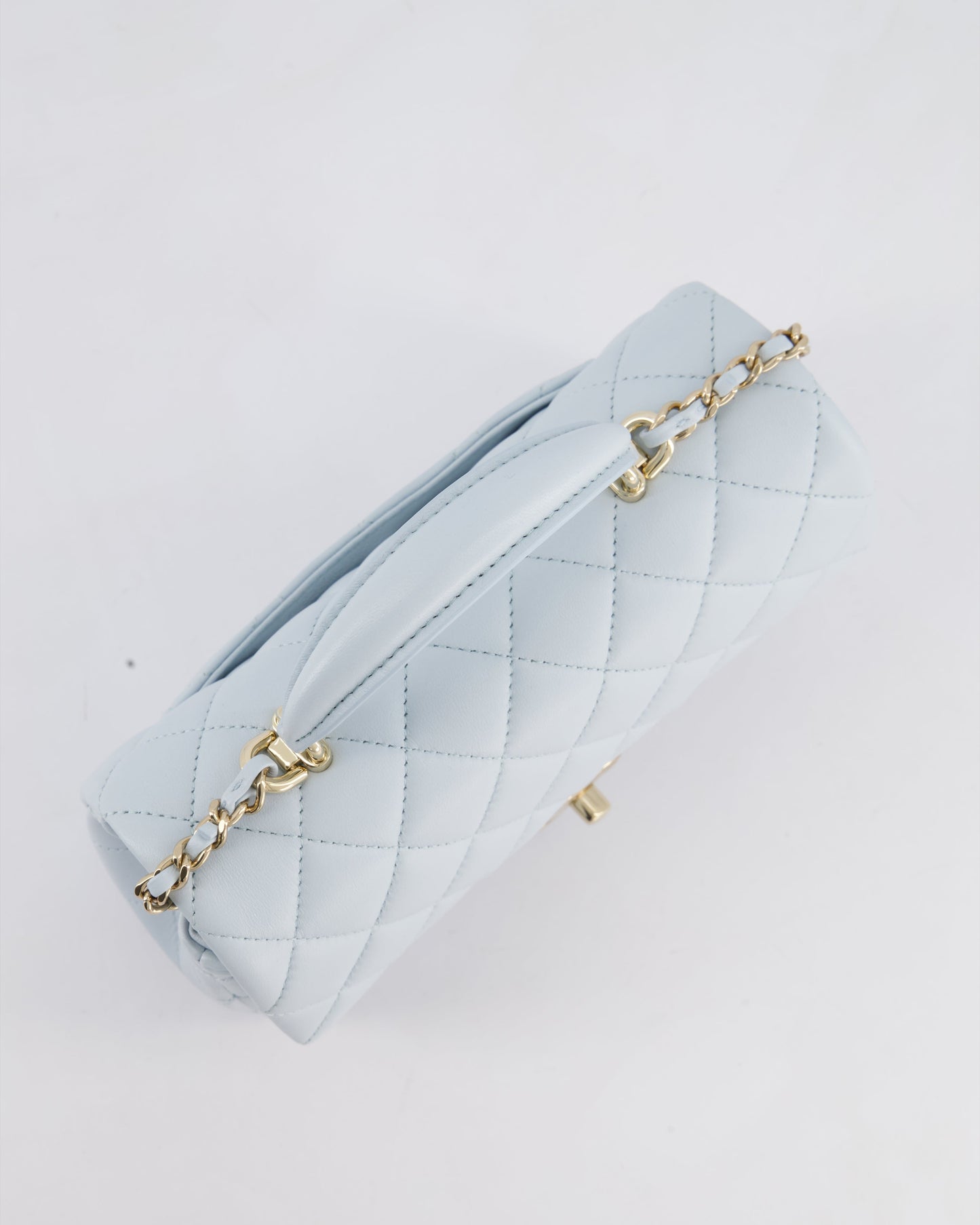 *HOT* Chanel Baby Blue Mini Rectangular Top Handle Bag in Lambskin Leather with Champagne Gold Hardware