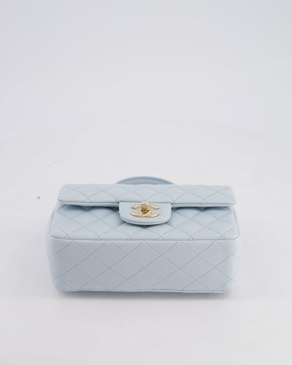 *HOT* Chanel Baby Blue Mini Rectangular Top Handle Bag in Lambskin Leather with Champagne Gold Hardware