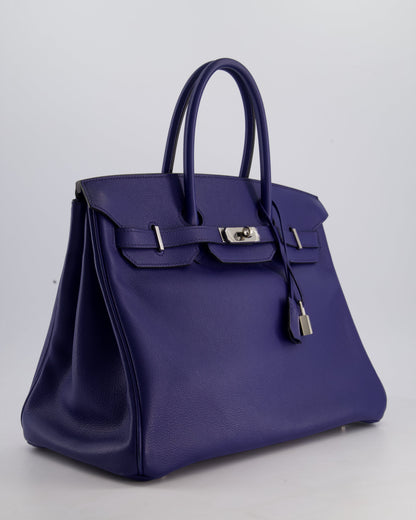 *LIMITED EDITION* Hermès Birkin 35cm Sea, Surf and Fun Bag in Bleu Saphir Novillo Leather with Palladium Hardware and Printed Canvas Interior