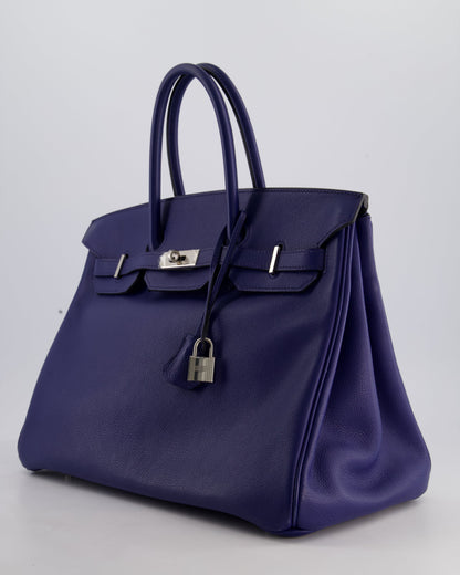 *LIMITED EDITION* Hermès Birkin 35cm Sea, Surf and Fun Bag in Bleu Saphir Novillo Leather with Palladium Hardware and Printed Canvas Interior