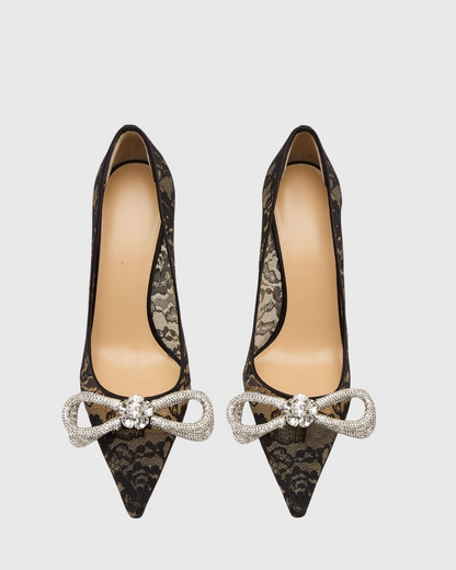 Rina Crystal Bow Lace Pumps In Black