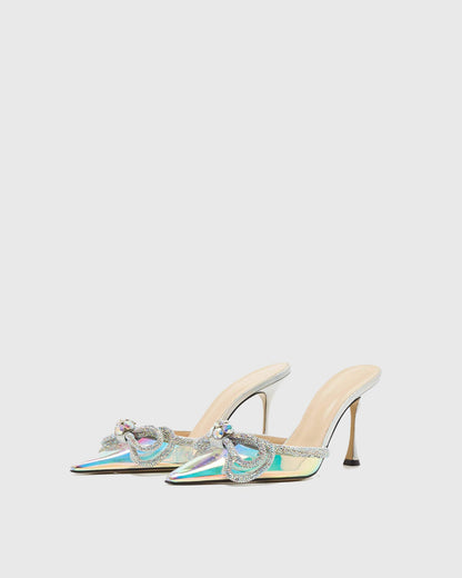 Rina Crystal Bow PVC Mules In Silver