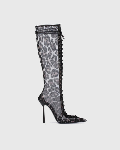 Sea Leopard Print Mesh Lace Up Knee High Boots