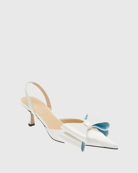 Siena Bow Embellished Satin Slingback Kitten Heels In White