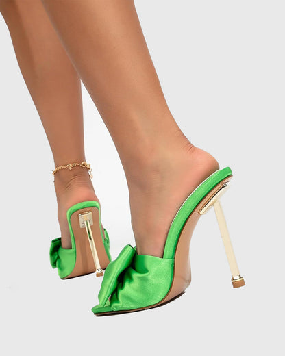 Sofia Bow Satin Slippers In Green