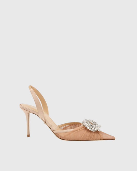 Valarae Rhinestone Mesh Slingback Heels In Beige