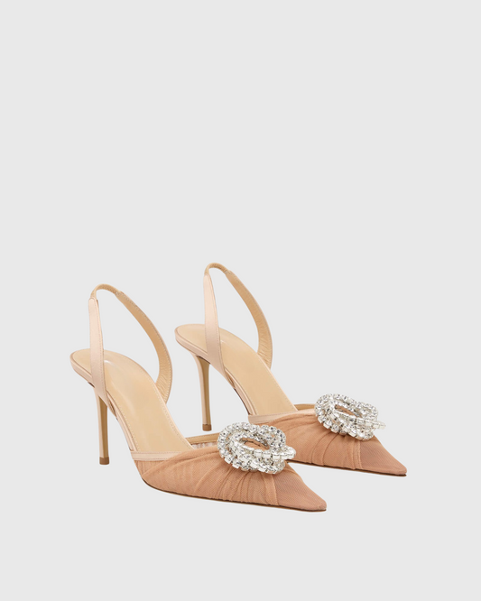 Valarae Rhinestone Mesh Slingback Heels In Beige
