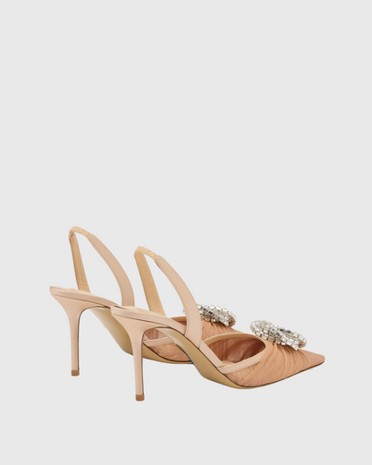 Valarae Rhinestone Mesh Slingback Heels In Beige