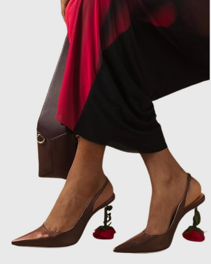 Venice Flower Heel Satin Slingback Pumps In Dark Brown