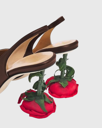 Venice Flower Heel Satin Slingback Pumps In Dark Brown