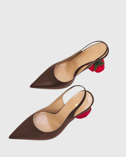 Venice Flower Heel Satin Slingback Pumps In Dark Brown