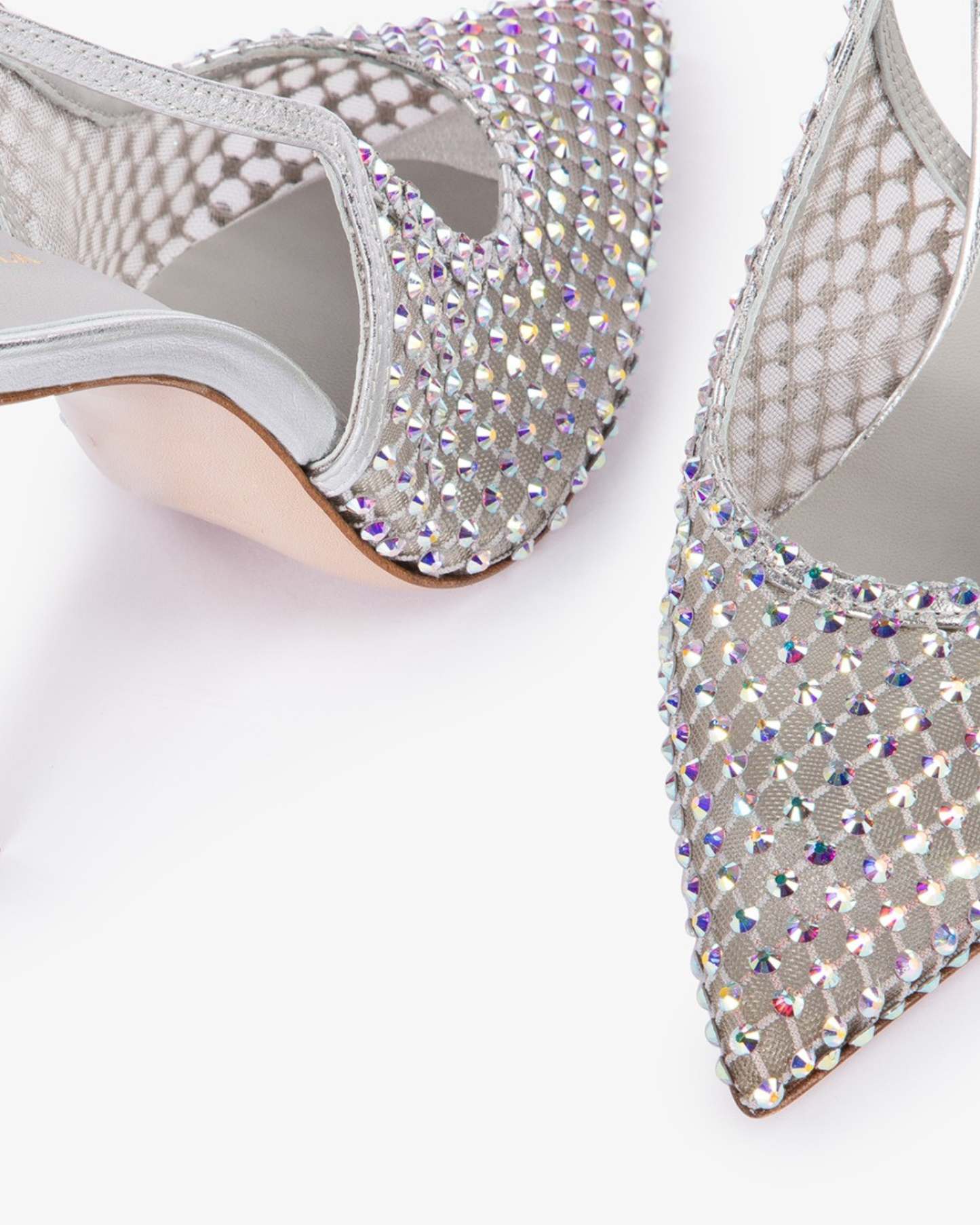 Vivia Rhinestone Embellished Mesh Slingback Pumps In White