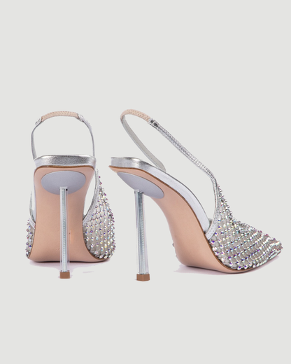 Vivia Rhinestone Embellished Mesh Slingback Pumps In White