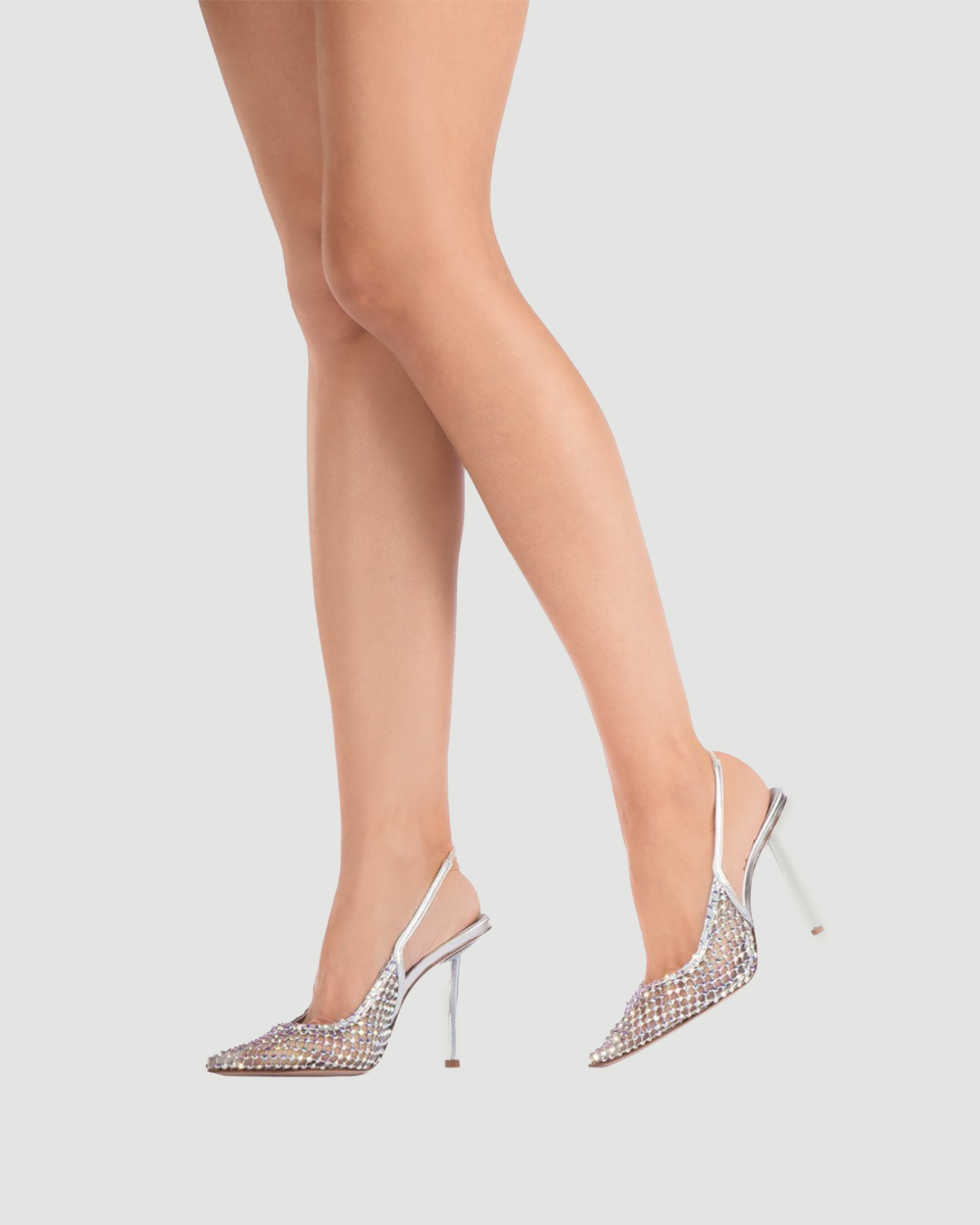 Vivia Rhinestone Embellished Mesh Slingback Pumps In White