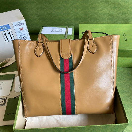 gg Medium Tote Bag With Double G And Web Brown For Women 13.8in/35cm gg
