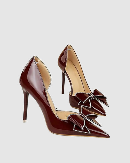 Zamora Rhinestone Bow Patent Leather Pumps In Wine