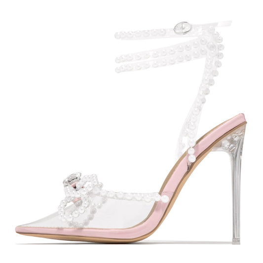 Elegant Pink Pointed Toe PVC Bow Heels Pearl Wrap Strap Wedding Shoes