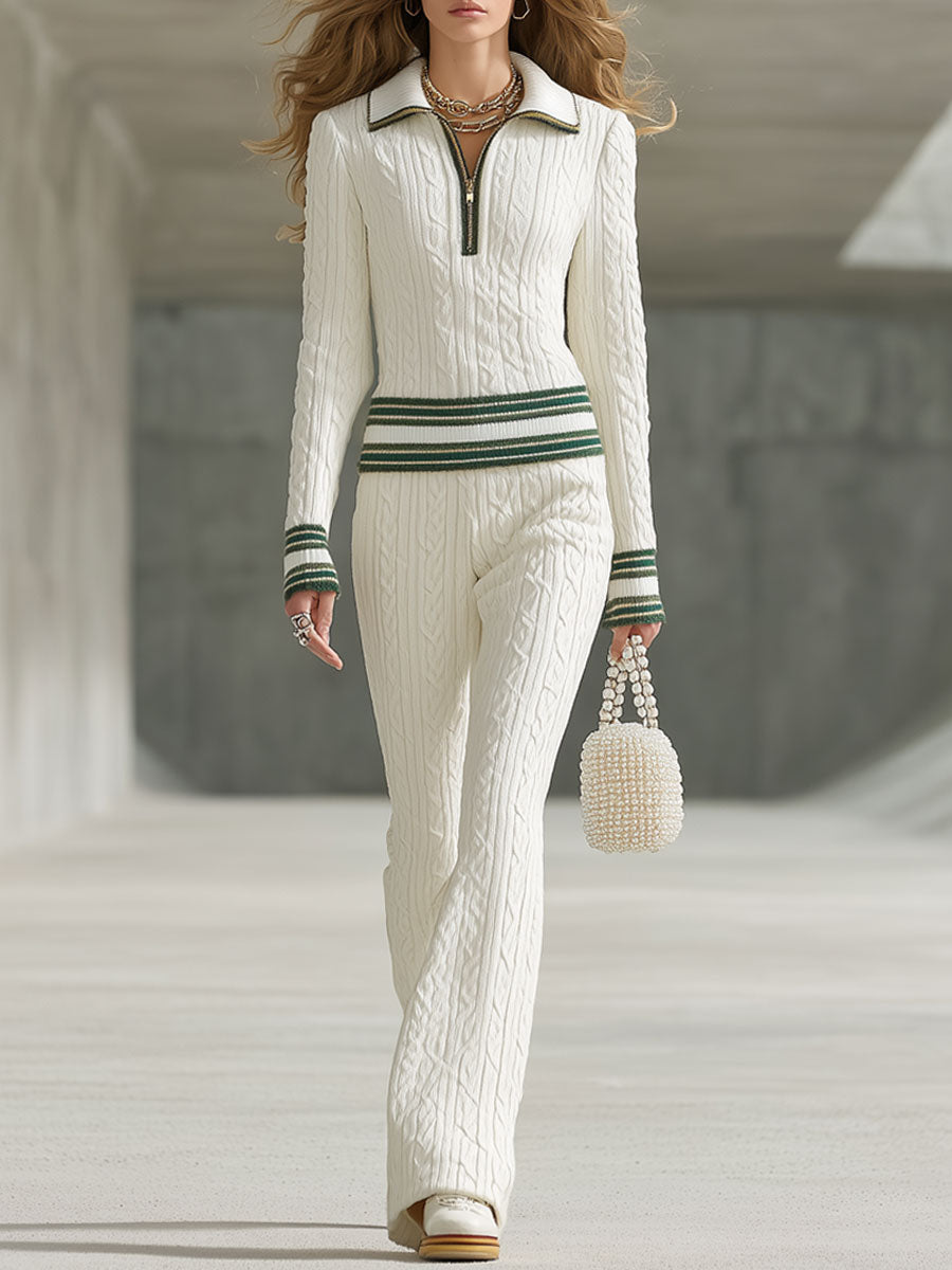 Fashion Retro Trim White Knitted Cable Zipper Polo Shirt Flared Pants Set