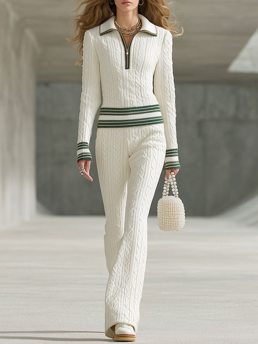 Fashion Retro Trim White Knitted Cable Zipper Polo Shirt Flared Pants Set